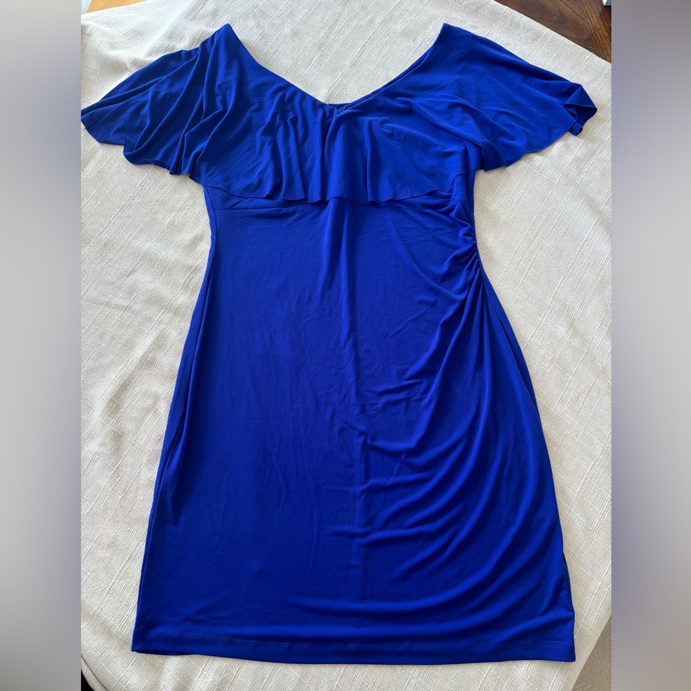 Connected Apparel Blue Off Shoulder Ruffle Ruched Dress Side Size 14P